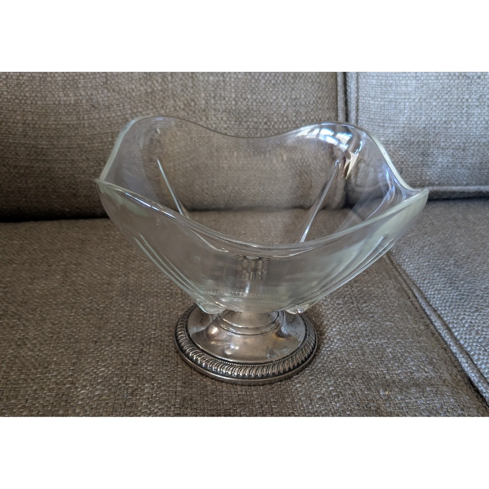 Vintage Art Deco Style Glass Compote Candy Dish Silverplate Pedestal